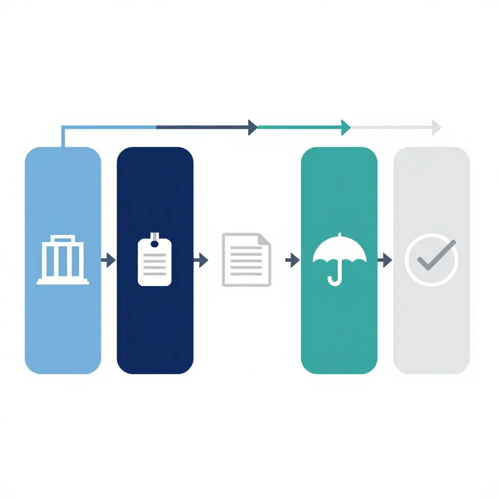 Minimal flat 2D five-step flow diagram showing the box truck registration sequence from business formation to active operation, connected by directional arrows in a limited blue, navy, teal, and gray palette
