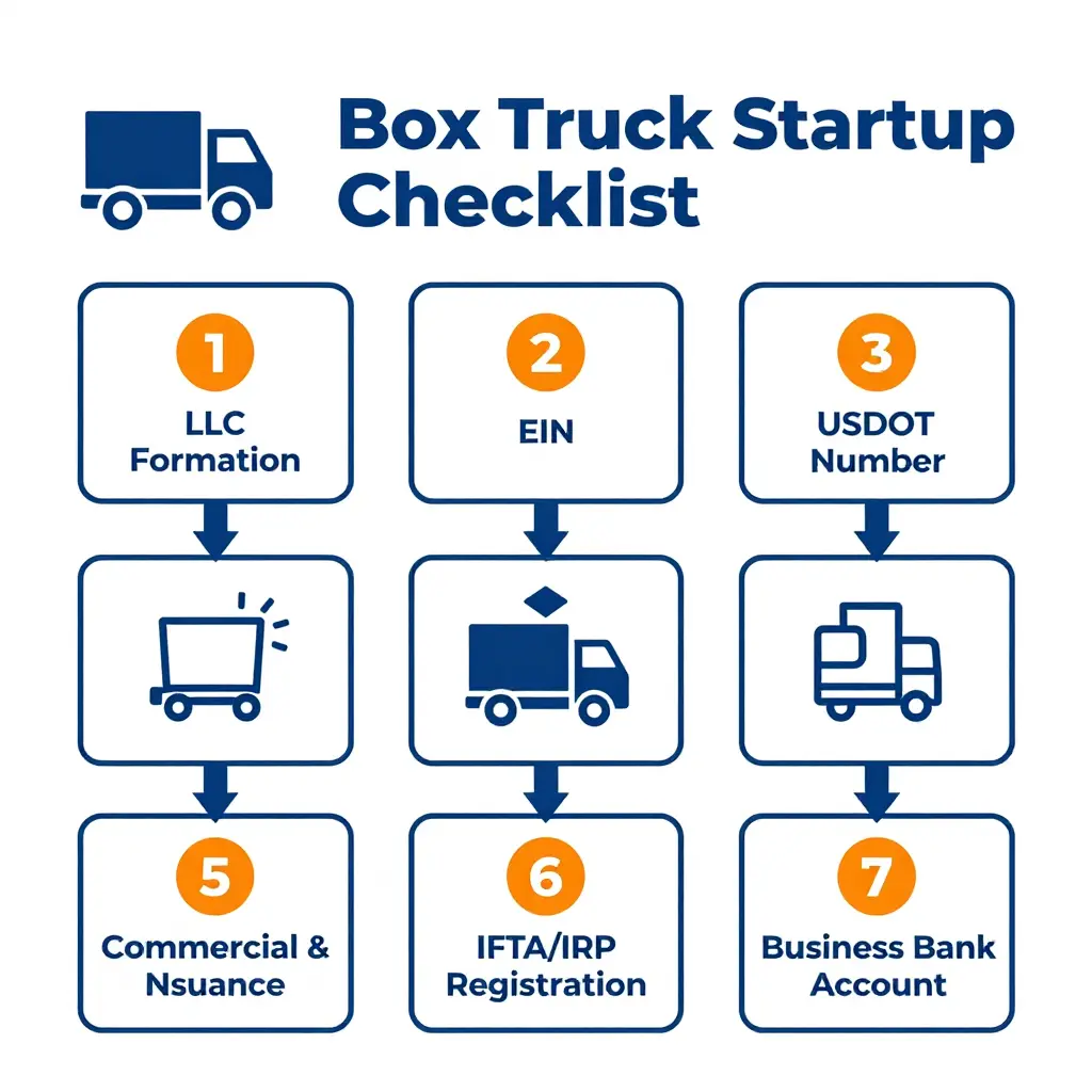 Box truck startup checklist flowchart showing seven numbered steps: LLC formation, EIN, USDOT number, MC number, commercial and cargo insurance, IFTA/IRP registration, and a business bank account
