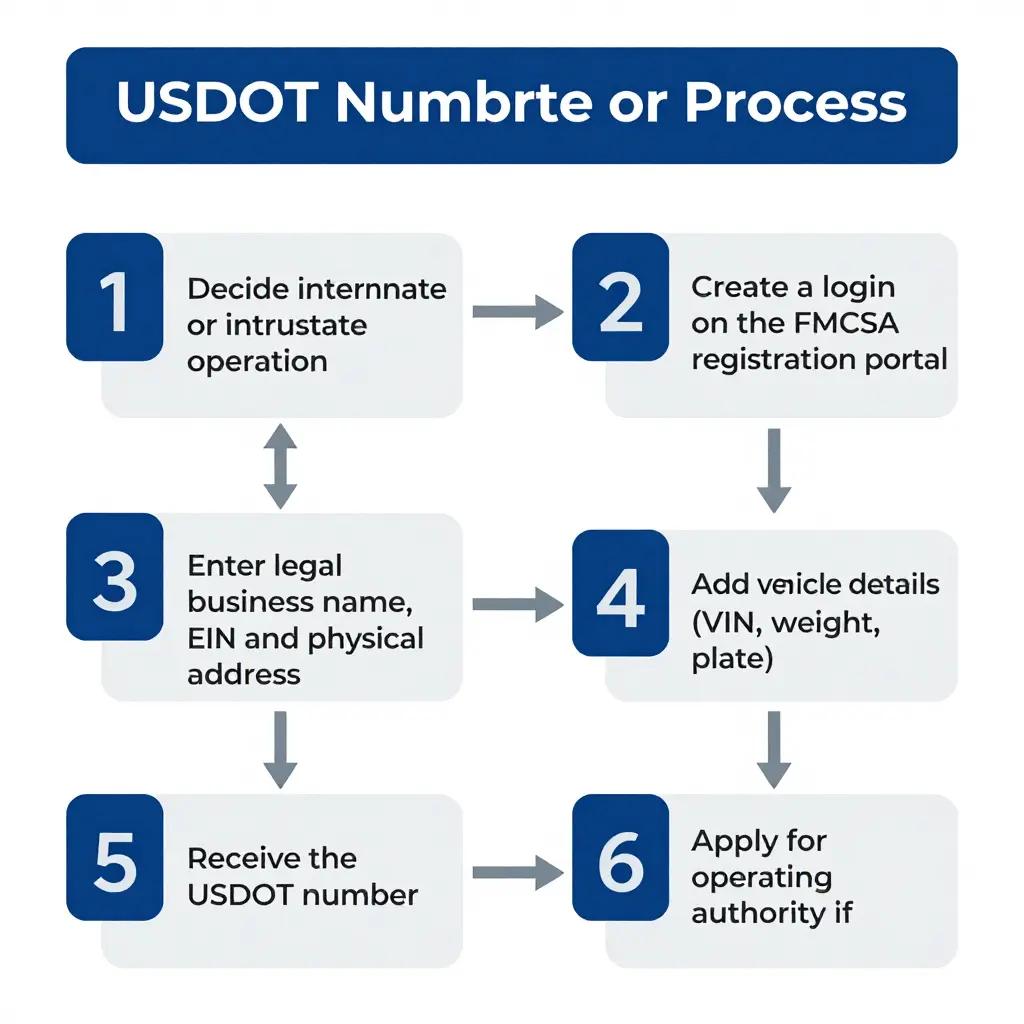 Flowchart of the six-step USDOT number registration process for a box truck owner