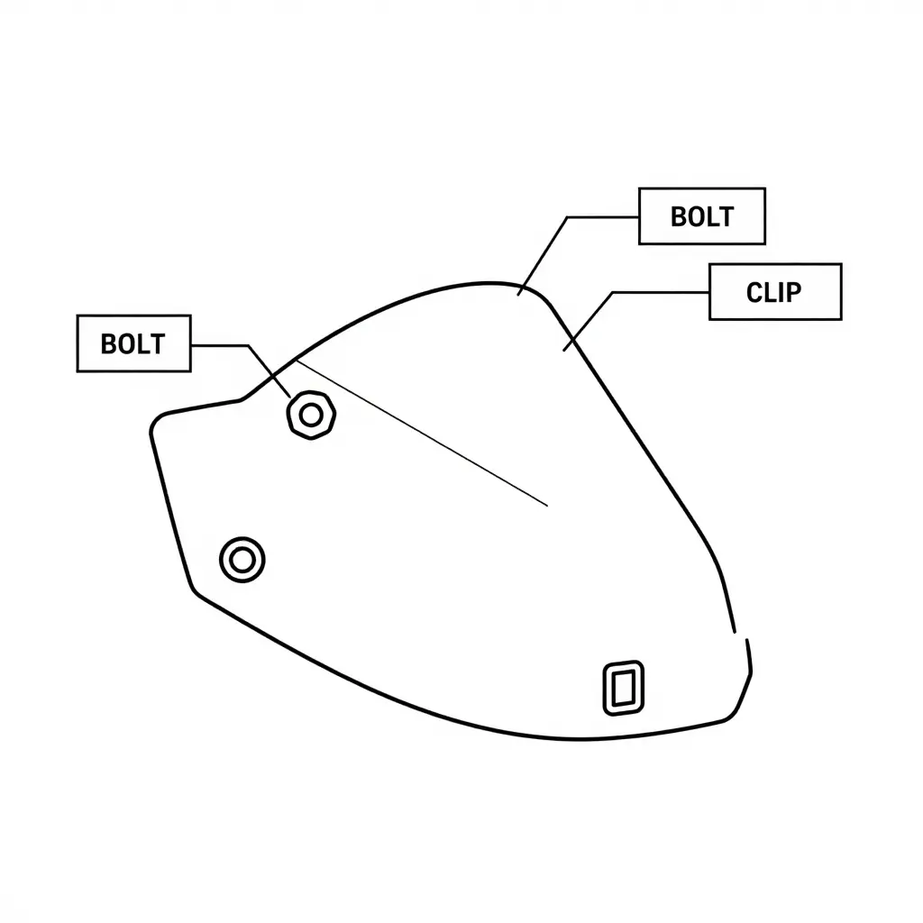 Minimalist 2D line diagram of a motorcycle side panel fairing showing a bolt, a clip, and a grommet as labeled callouts connected by thin leader lines